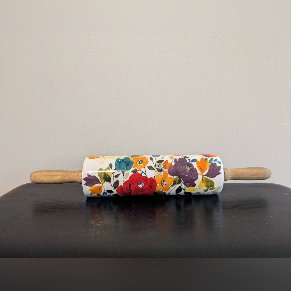 Pioneer Woman Timeless Floral Ceramic Rolling Pin Acacia Wooden Handles